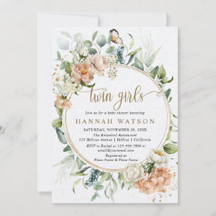 Rosa ros Eucalyptus Twin Girls Baby Shower Inbjudningar