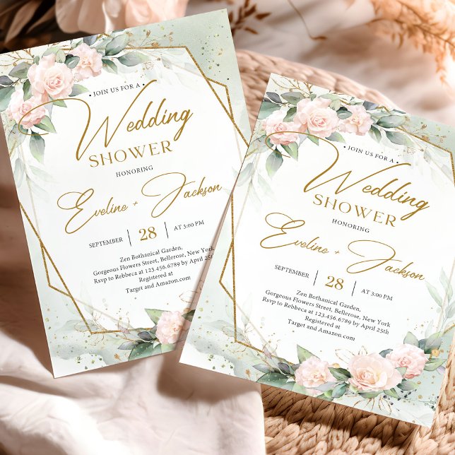  rosa ros eukalyptus guld Möhippa Inbjudningar (Unique watercolor blush roses green eucalyptus and gold frame wedding shower invitation)