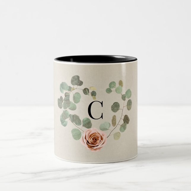 Rosa ros & Eukalyptus hjärta rustik bröllopsdekor Två-Tonad Mugg (Center)