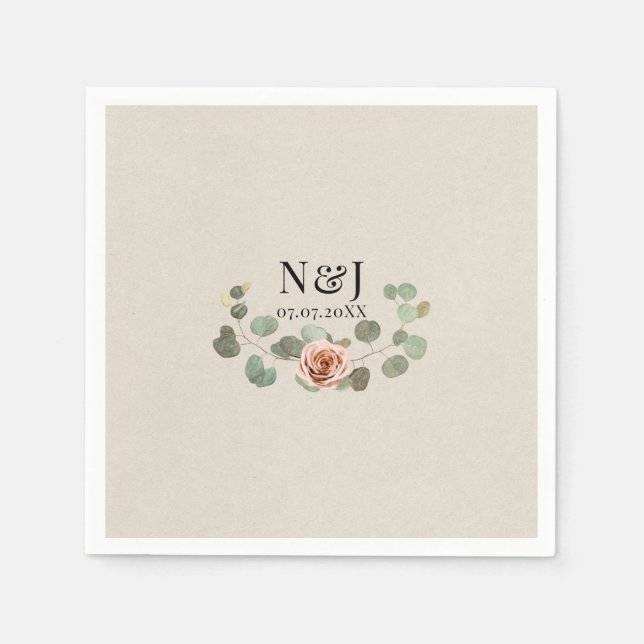 Rosa ros & Eukalyptus Hjärtbröllop Rustikalt Bröll Pappersservett (Framsidan)