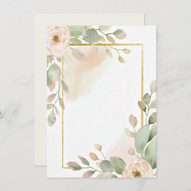 Rosa ros, eukalyptus och guld ram blanka bröllop inbjudningar (Fram/baksida)