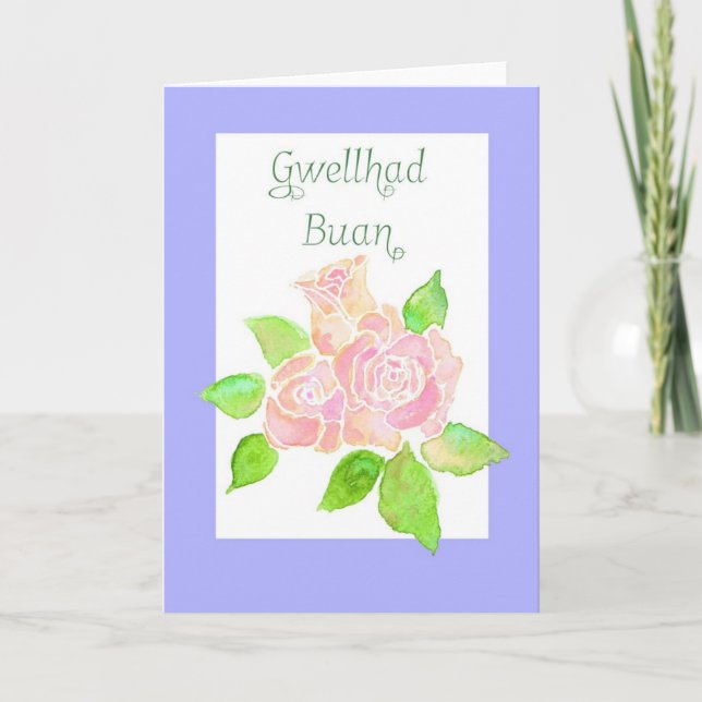 Rosa ros får ett bra kort: Welsh Hälsning Kort (Framsida)