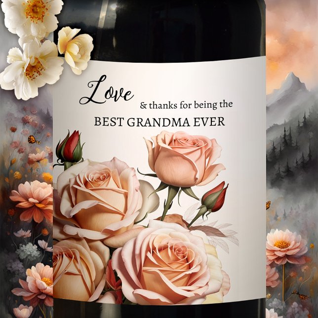 Rosa ros farmor vinflaska etikett (Wine label featuring pink peach roses. Nice for mom or grandma, for a birthday or Mother's Day)