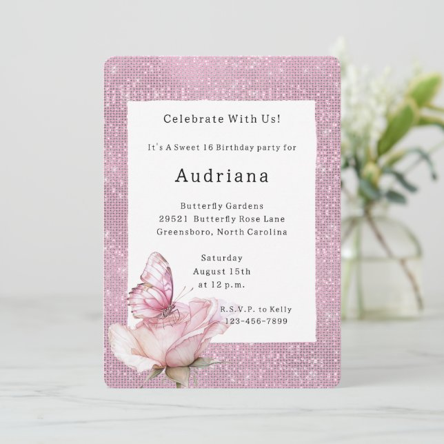 Rosa Ros Fjäril Glitter Födelsedag Inbjudningar (Stående Fram)
