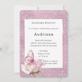 Rosa Ros Fjäril Glitter Födelsedag Inbjudningar