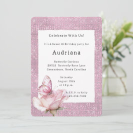 Rosa Ros Fjäril Glitter Födelsedag Inbjudningar