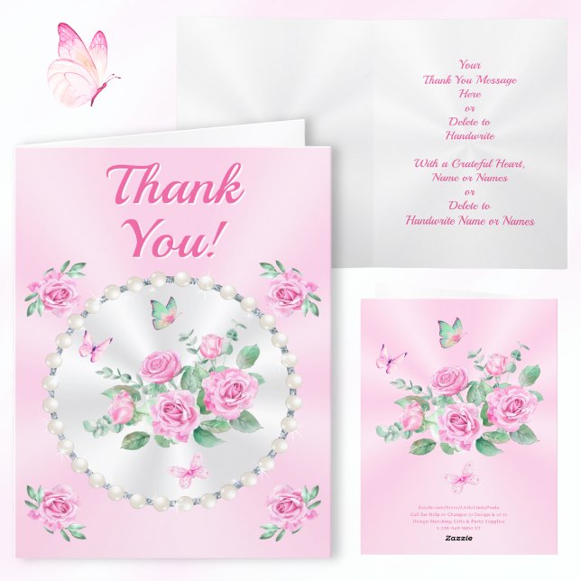 Rosa ros, fjärilar, blommor, tack... tack kort (Pink floral thank you cards. Rose thank you cards. Pretty thank yous. Beautiful thank you cards, her)