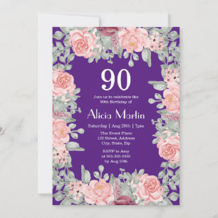 Rosa ros Flora Greenery Lila 90:e födelsedag Inbjudningar