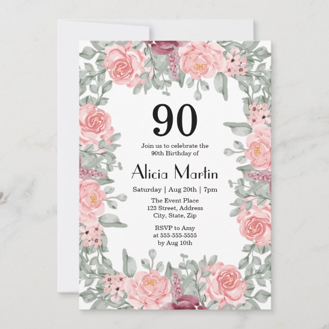 Rosa ros Flora Greenery White 90:e Birthday Inbjudningar (Framsida)
