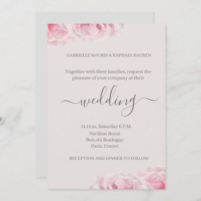  Rosa ros Flower Grått Elegant Blommigt Bröllop Inbjudningar (Fram/baksida)