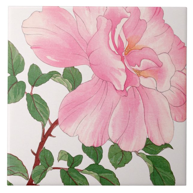 Rosa ros Flower & Grönt Löv Kakelplatta (Framsidan)