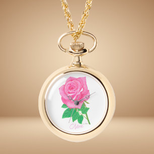 Rosa ros Flower Guld Necklace Watch Armbandsur