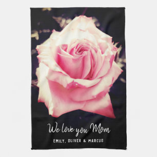 Rosa ros Flower Kärlek du Mamma Photo Script Kökshandduk