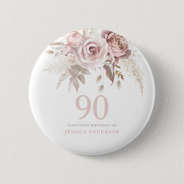  Rosa ros Flowers 90:e Födelsedagsfest Knapp (Framsida)