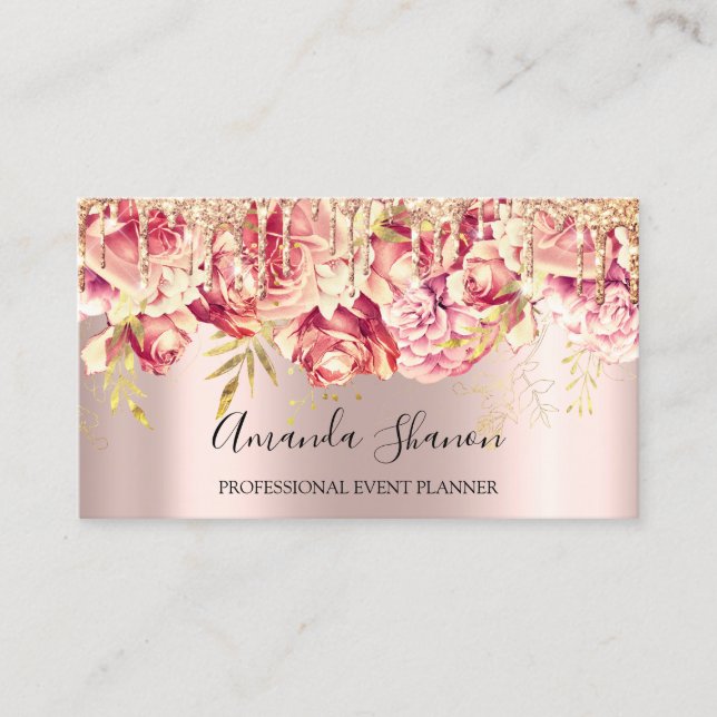 Rosa ros Flowers Brown Drip QR CODE Logotyp Visitkort (Framsida)