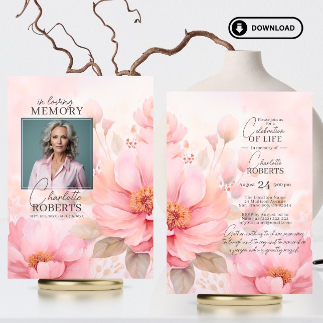Rosa ros Flowers Firande i Life | FOTO Inbjudningar (Pink Roses Flowers Celebration of Life  PHOTO Invitation | Feminine, Woman | Digital Downloadable)