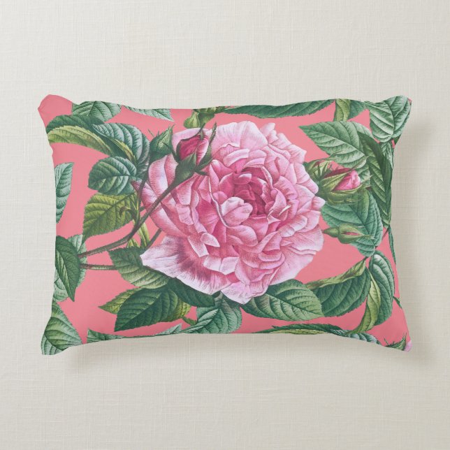 Rosa ros Flowers med Grönt Löv Prydnadskudde (Framsidan)