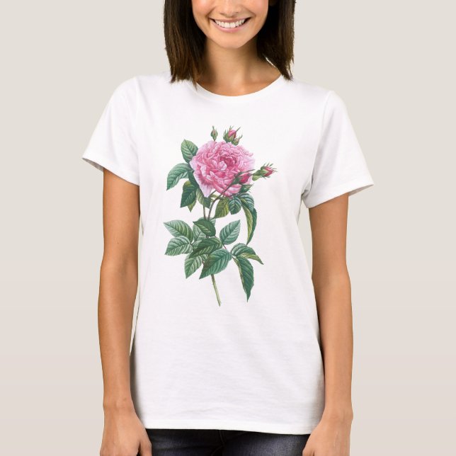 Rosa ros Flowers med Grönt Löv T Shirt (Framsida)