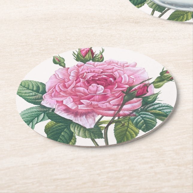 Rosa ros Flowers med Grönt Löv Underlägg Papper Rund (Vinklad)