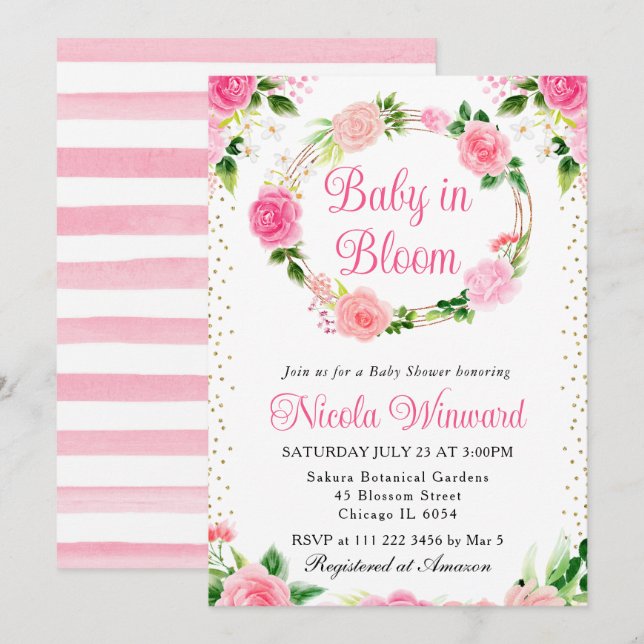 Rosa ros Flowers WandeBaby Shower Inbjudningar (Fram/baksida)