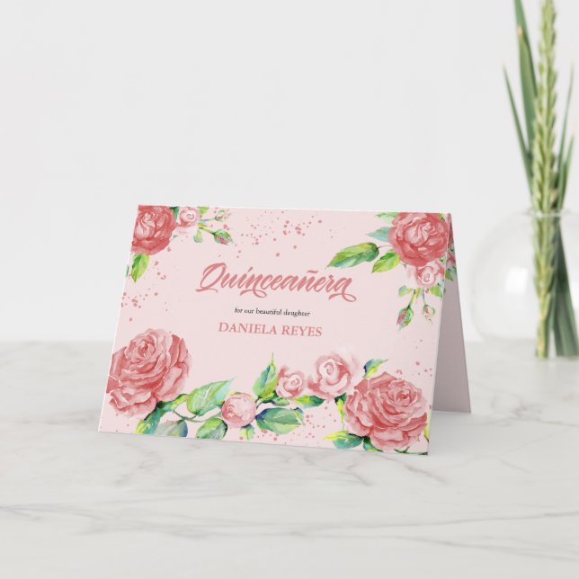 Rosa ros Flowers Watercolor Blommigt Quinceanera Inbjudan (Framsida)