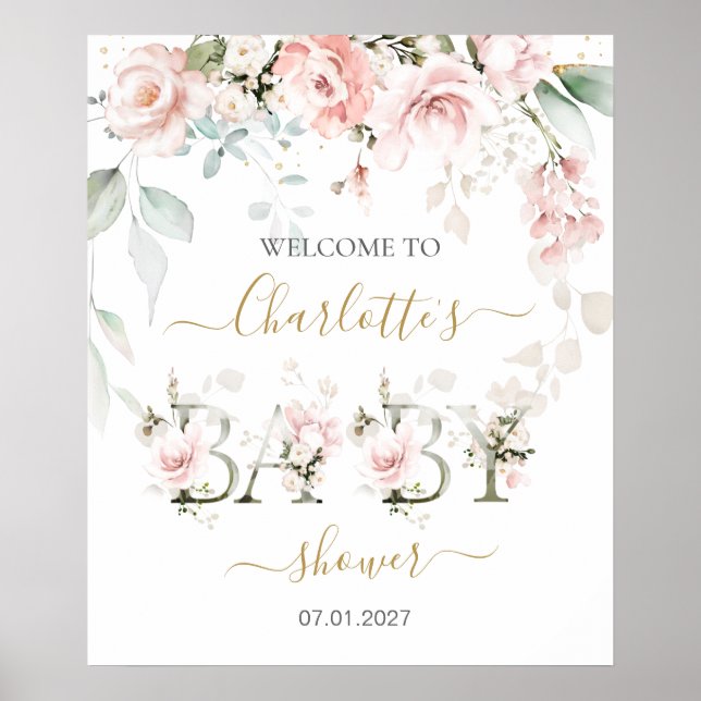 Rosa ros Foliage Welcome Baby Shower Sign Poster (Framsidan)