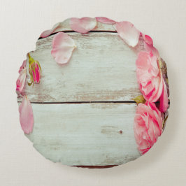 rosa ros för vägg för vintagevit wood, shabby chic rund kudde
