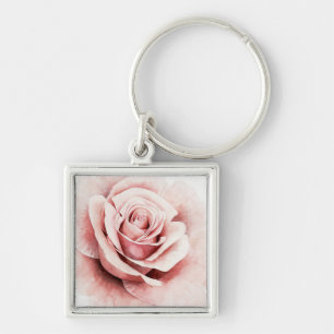 Rosa ros fyrkantig silverfärgad nyckelring