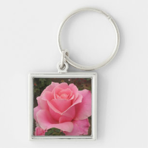 Rosa ros fyrkantig silverfärgad nyckelring