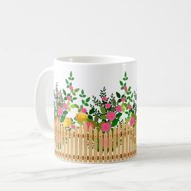 Rosa ros Garden Fence - Elegant Blommigt Art Kaffemugg (Framsida vänster)