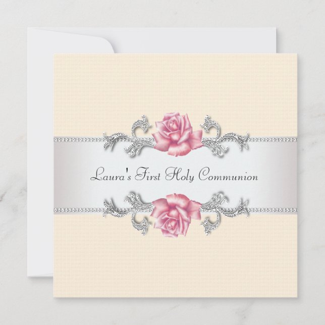 Rosa ros Girls First Communion Inbjudningar (Framsida)