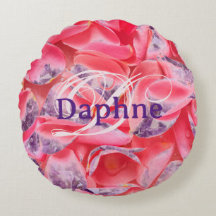 Rosa ros Girly Blommigt Modern Monogram Namn Rund Kudde