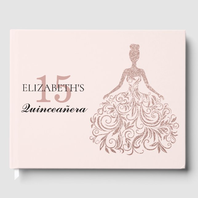 Rosa ros Glitter Dress Quinceañera Birthday Gästböcker (Framsida)