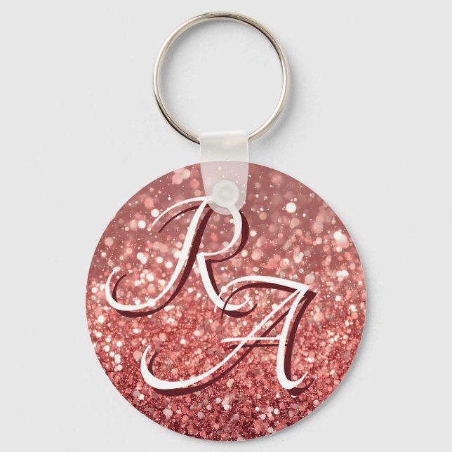 Rosa ros Glitter med Anpassningsbar Initialer Nyckelring (Framsida)