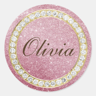 Rosa ros Glitter och diamanter Runt Klistermärke