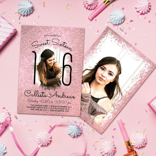 Rosa ros Glitter Ombre Halo Photo Sweet 16 Inbjudningar
