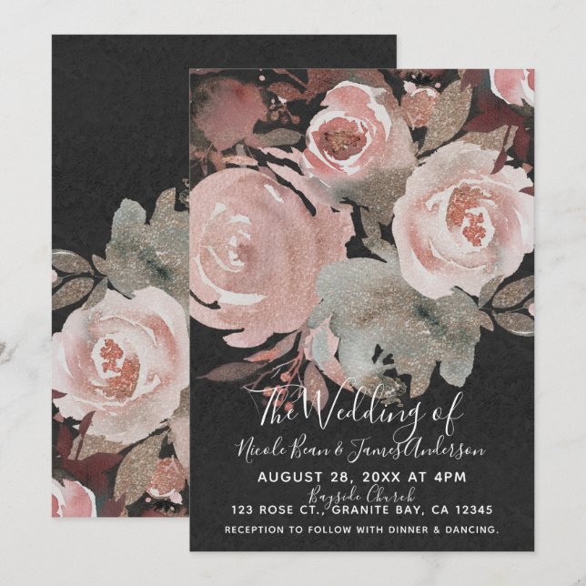 Rosa ros Glitter Ro Mörk Blommigt  Glam Bröllop Inbjudningar (Fram/baksida)