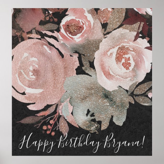 Rosa ros Glitter Ro Mörk Blommigt  Glam Bröllop Poster (Framsidan)