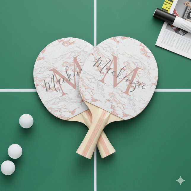 Rosa ros Gold Foil Marble Monogram Pingisracket (Pink Rose Gold Foil Marble Monogram Ping Pong Paddle)