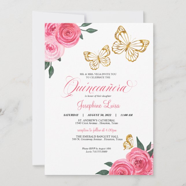 Rosa ros Golden Butterfly Quinceañera Birthday Inbjudningar (Framsida)