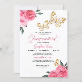 Rosa ros Golden Butterfly Quinceañera Birthday Inbjudningar
