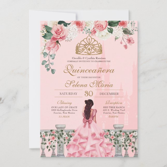 Rosa ros Golden Princess Fairytale Quinceañera Inbjudningar (Framsida)