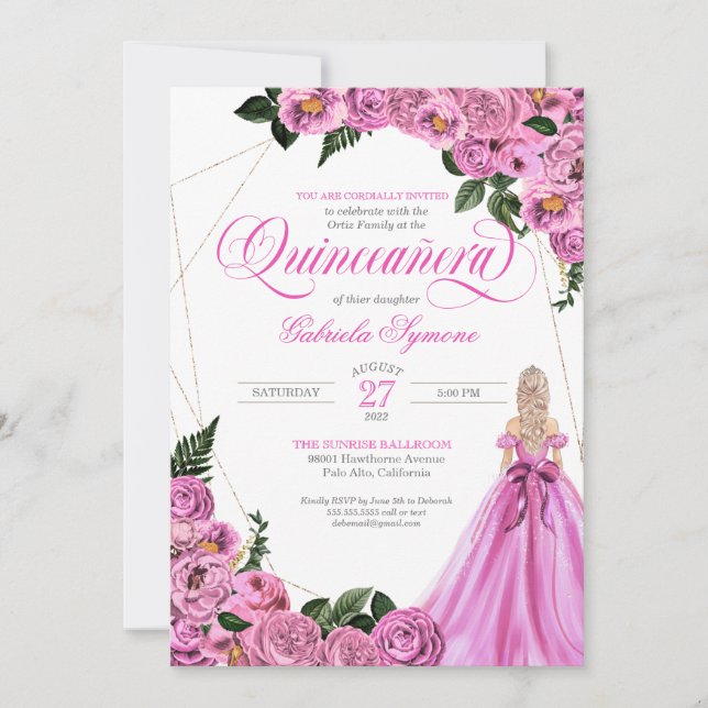 Rosa ros | Golden Tiara & Boll Gown Quinceañera Inbjudningar (Framsida)