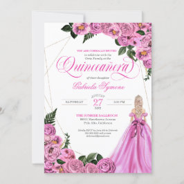 Rosa ros | Golden Tiara & Boll Gown Quinceañera Inbjudningar