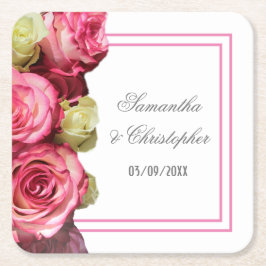 Rosa ros gräns blommigt bröllop underlägg papper kvadrat