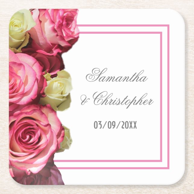 Rosa ros gräns blommigt bröllop underlägg papper kvadrat (Framsidan)
