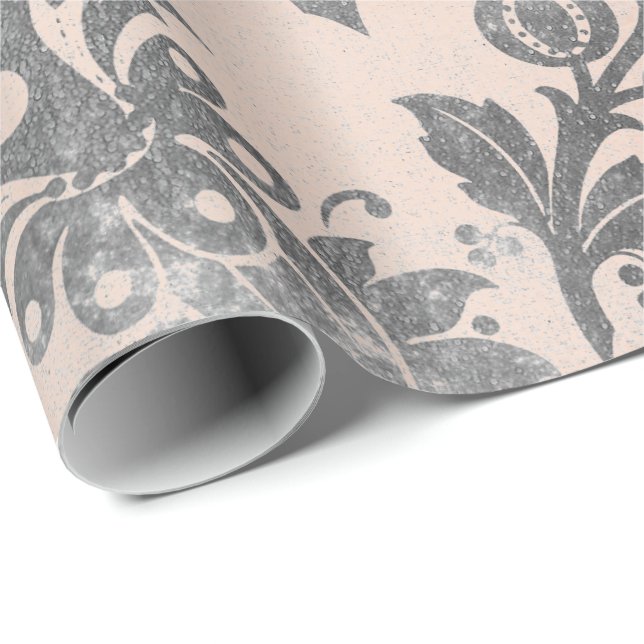 Rosa ros Grått Blommigt  Powder Grungy Damask Presentpapper (Rullad Hörn)