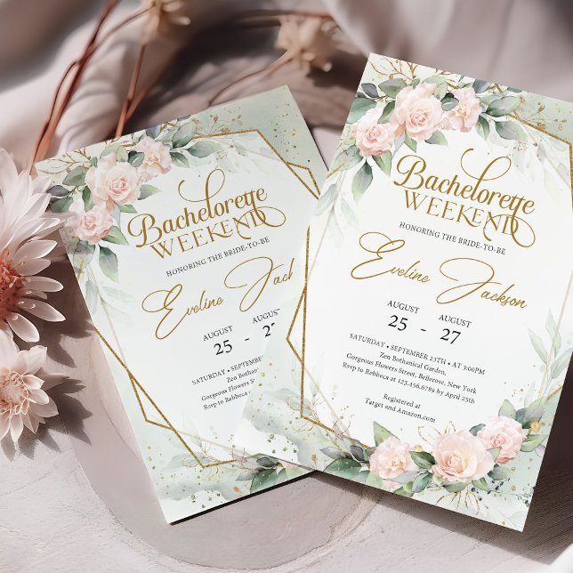  rosa ros greenery Bachelorette Helg Inbjudningar (Elegant blush and gold bachelorette invitation digital download)
