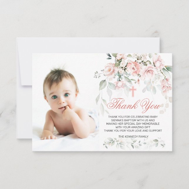 Rosa ros Greenery Baptism Photo Flat Tack  Kort (Framsida)