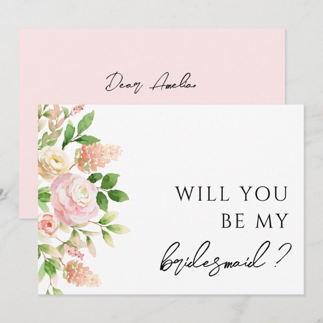 Rosa ros Greenery Bridesmaid Frieri kort (Fram/baksida)